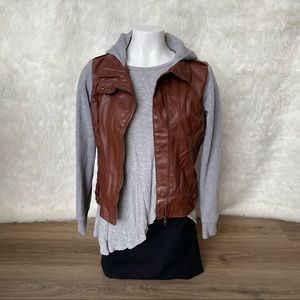 brown leather hooded jacket